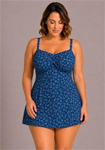 Shell Print Twisted Front Swimdress with Padded Bra C-E
